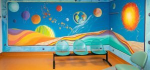 Une girafe en promenade sur les murs de radiologie du HME